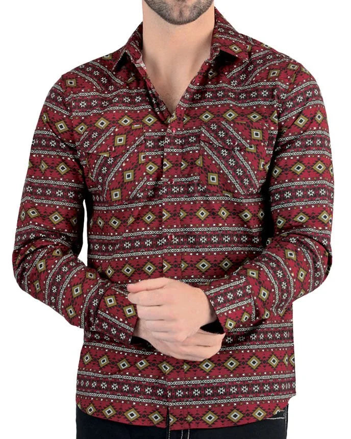 Lamasini - Men's Burgundy Geometric Pattern Shirt Snap Button Modern Fit 0106