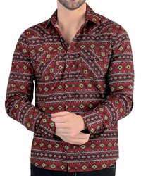 Lamasini - Men's Burgundy Geometric Pattern Shirt Snap Button Modern Fit 0106