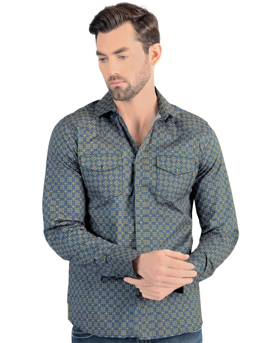 Lamasini - Men's Navy Shirt with Yellow Geometric Pattern  0114