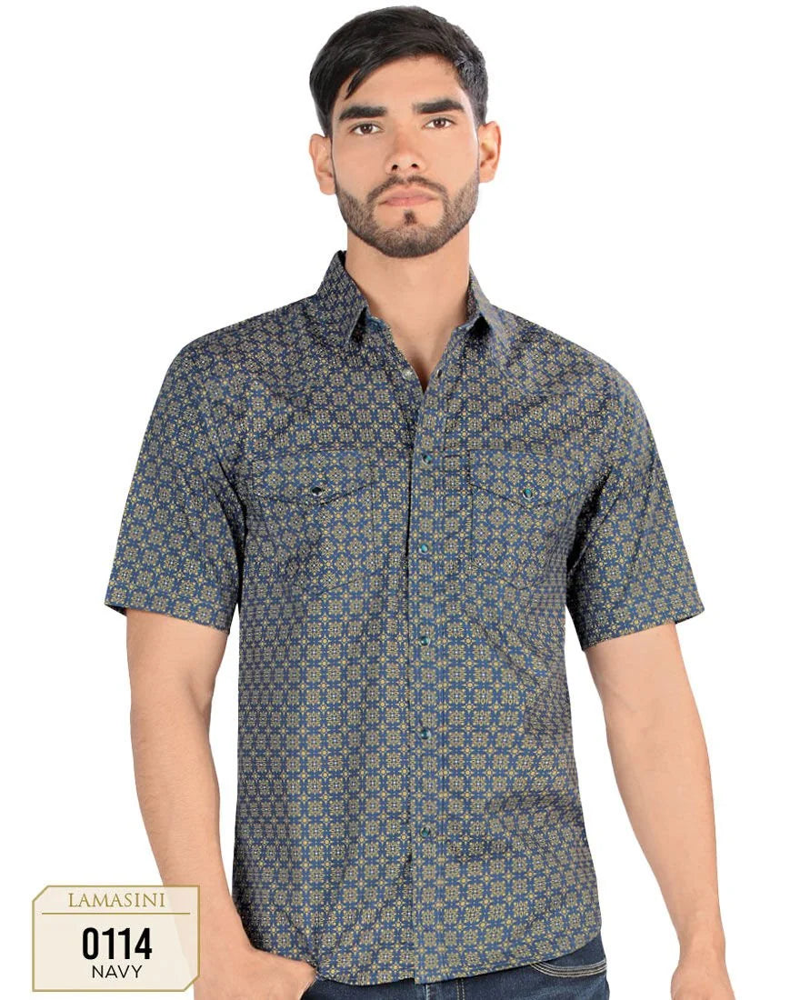 Lamasini - Men's Navy Shirt with Yellow Geometric Pattern  0114