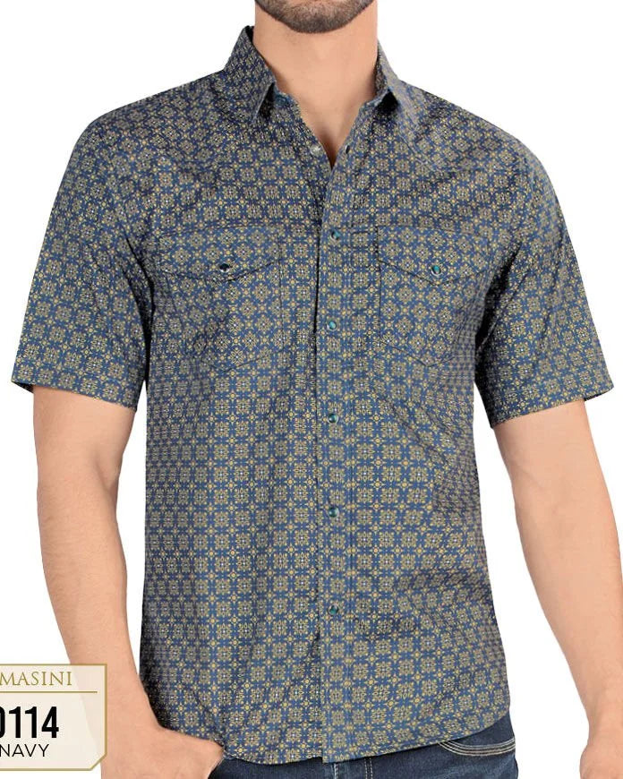 Lamasini - Men's Navy Shirt with Yellow Geometric Pattern  0114