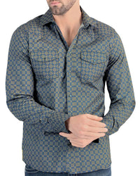 Lamasini - Men's Navy Shirt with Yellow Geometric Pattern  0114