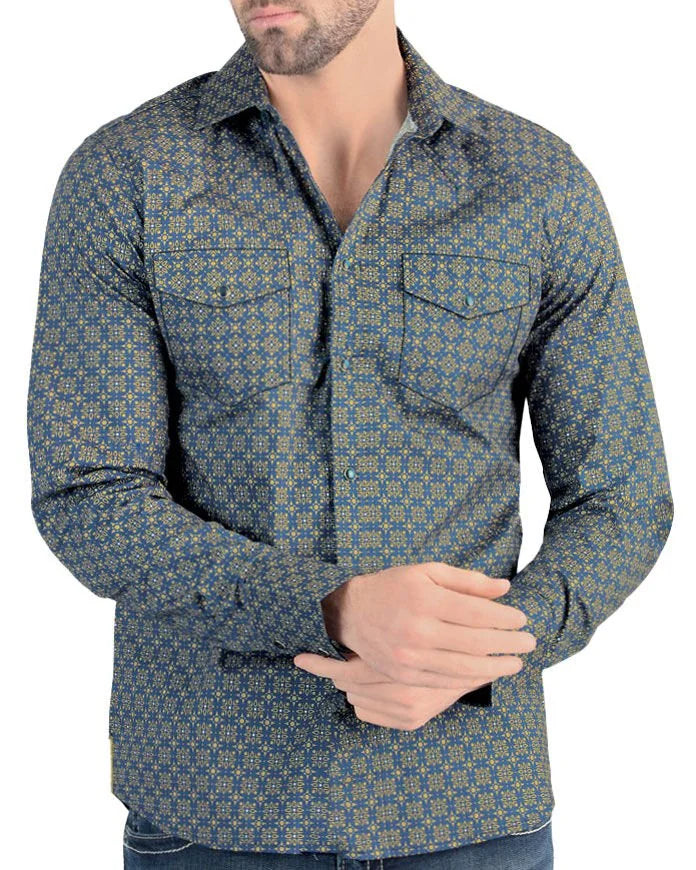 Lamasini - Men's Navy Shirt with Yellow Geometric Pattern  0114