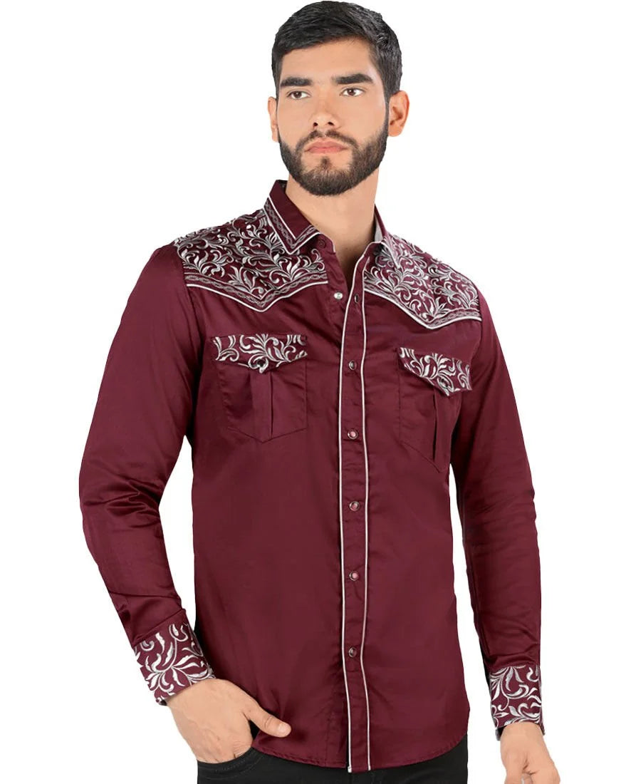 Camisa Vaquera Bordada Montero Vino 3541
