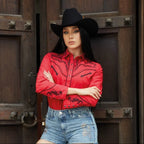 White Diamonds Women's Denim Shirt with Embroidery and Rhinestones Red WD-495