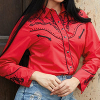 White Diamonds Women's Denim Shirt with Embroidery and Rhinestones Red WD-495