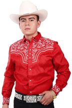 El General - Camisa Vaquera Roja Bordada De Gamuza WD 12-864
