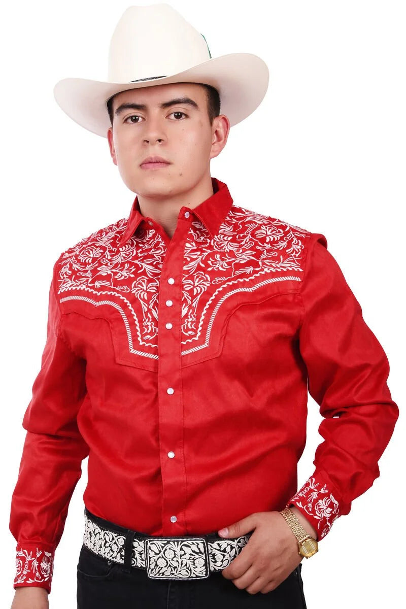 El General - Camisa Vaquera Roja Bordada De Gamuza WD 12-864