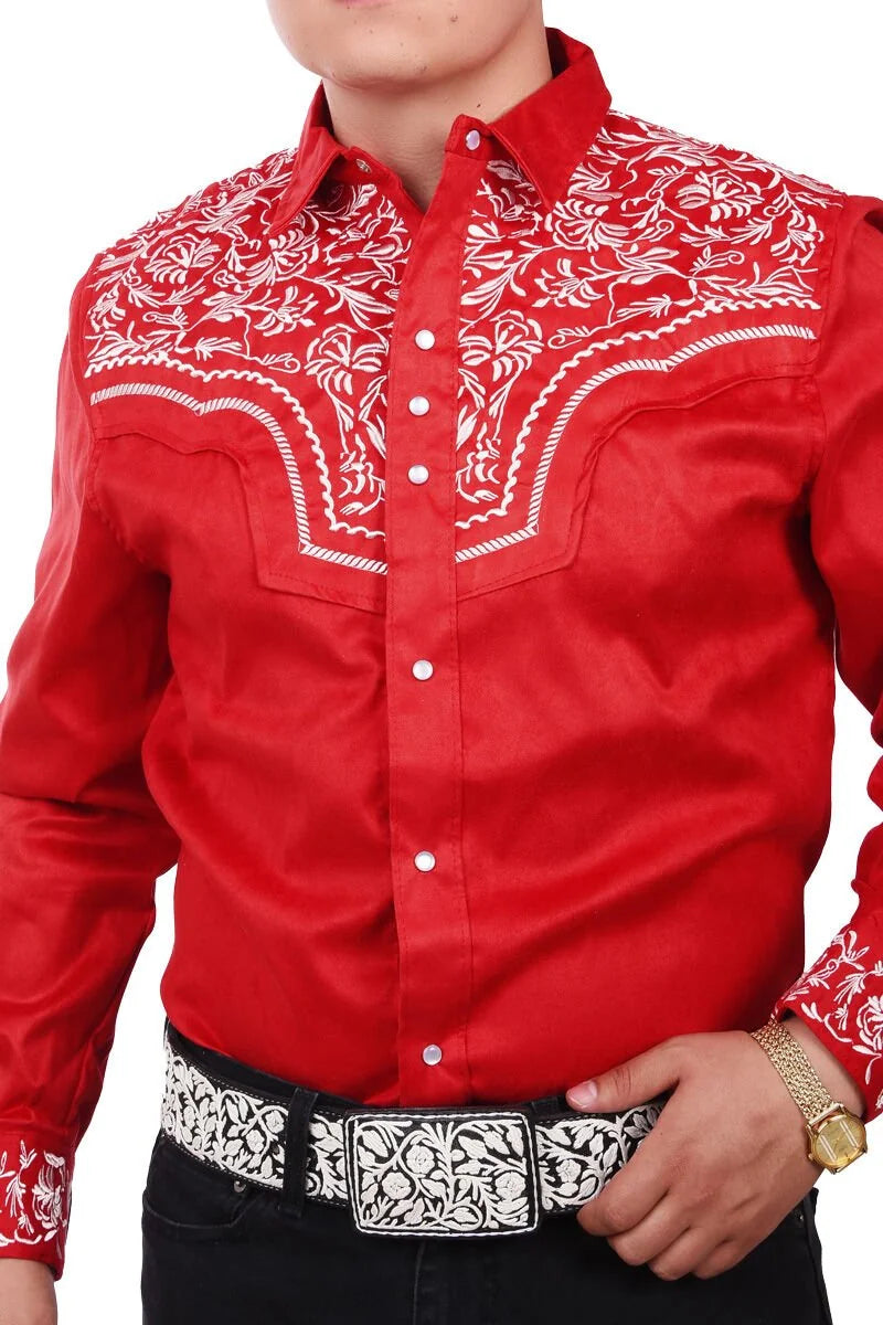 El General - Camisa Vaquera Roja Bordada De Gamuza WD 12-864