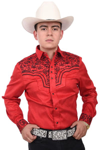 El General - Camisa Vaquera De Gamuza Roja Bordada WD 12-865