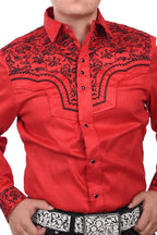 El General - Camisa Vaquera De Gamuza Roja Bordada WD 12-865