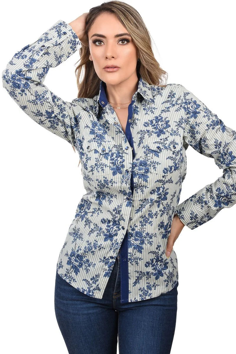White Diamonds  Women’s Camisa Vaquera De Mujer Flores Azules WD 11-544