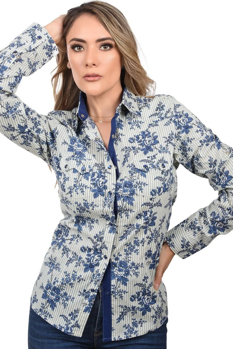 White Diamonds  Women’s Camisa Vaquera De Mujer Flores Azules WD 11-544