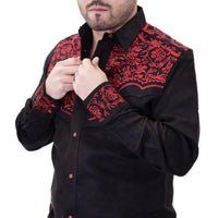 White Diamonds Embroidered Denim Shirt - Black and Red WD-862