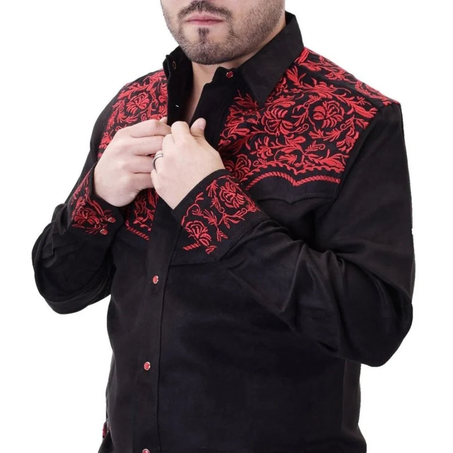 White Diamonds Embroidered Denim Shirt - Black and Red WD-862