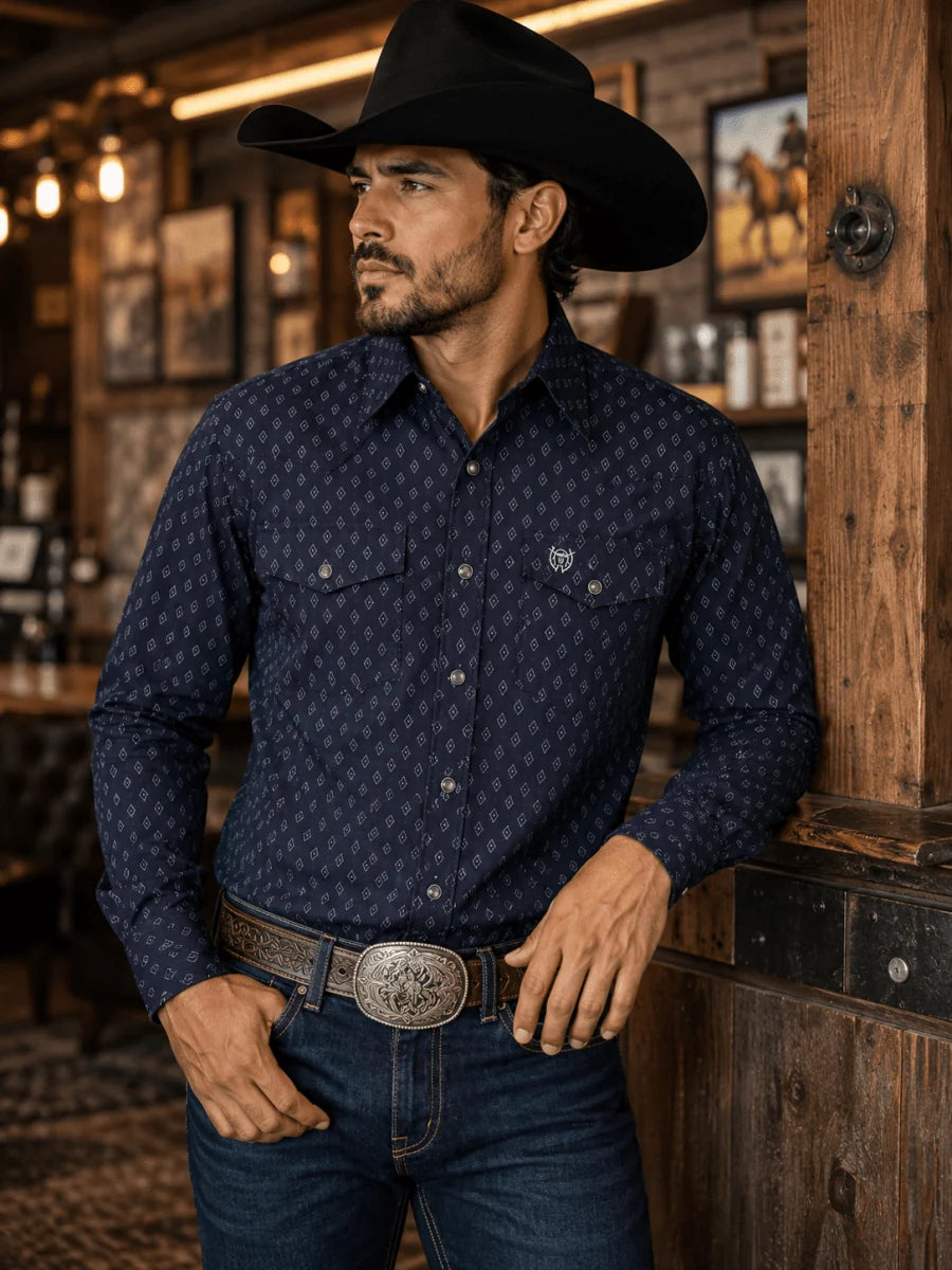 The American West - Long-Sleeve Pearl Button Western Shirt with Stripes - Blue AW-704