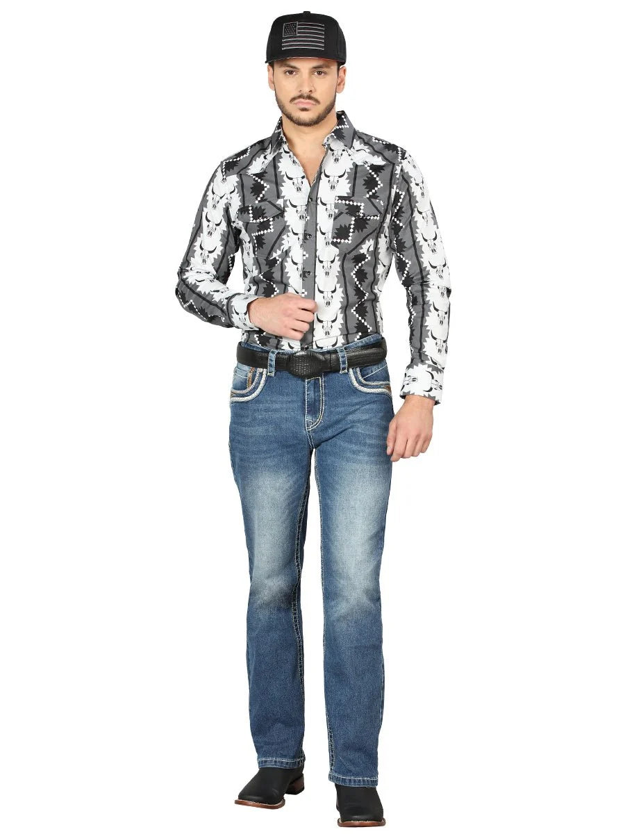 Men's Boot Cut Western Jeans – Stretch Denim Cowboy Pants - Medium Blue 44971