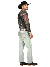 Men's Boot Cut Western Jeans – Stretch Denim Cowboy Pants - Light Blue 45317