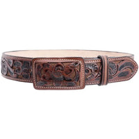 Genuine Handtooled Leather Western Belt with Removable Buckle - Brown