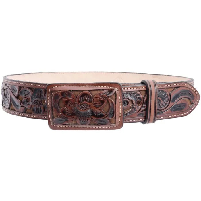 Genuine Handtooled Leather Western Belt with Removable Buckle - Brown