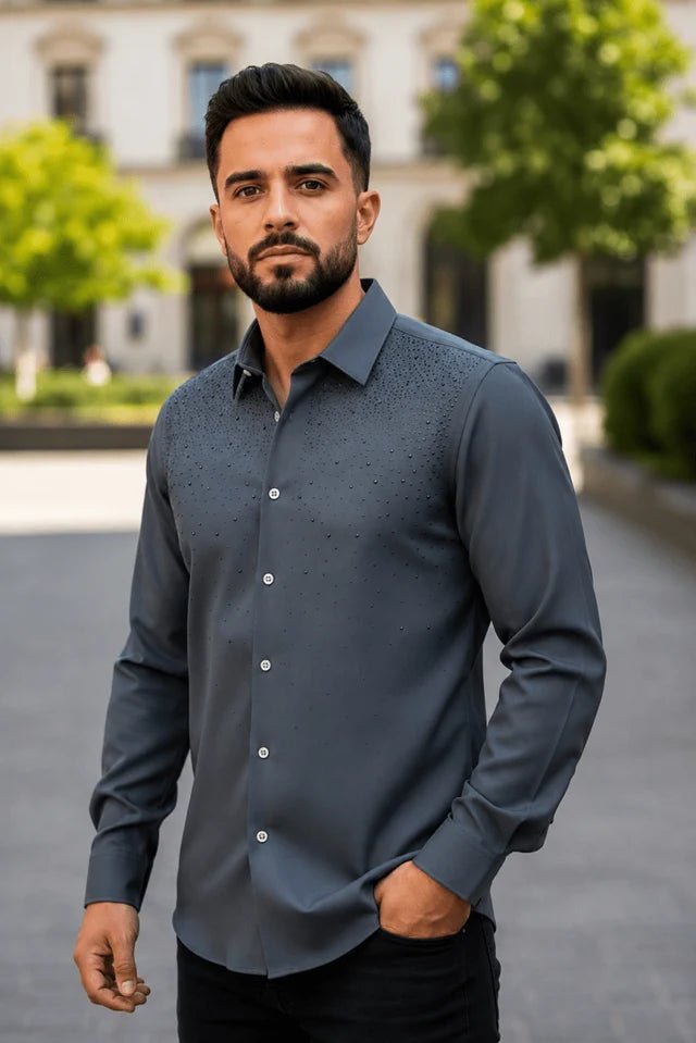 Contti - Elegant Long-Sleeve Men's Shirt with Buttons and Subtle Sparkle – Gray - OriginalWestern.com