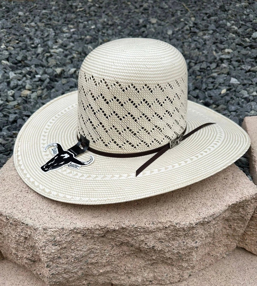 Cuernos Chuecos 100X Open Crown Mountain Peak Style Cowboy Shantung Straw Hat - OriginalWestern.com