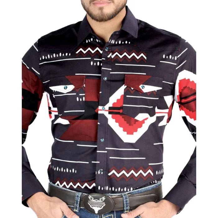 El General - Black and Burgundy Geometric Western Shirt for Men 44498 - OriginalWestern.com