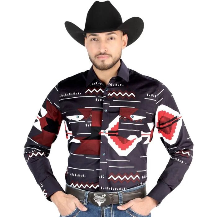 El General - Black and Burgundy Geometric Western Shirt for Men 44498 - OriginalWestern.com