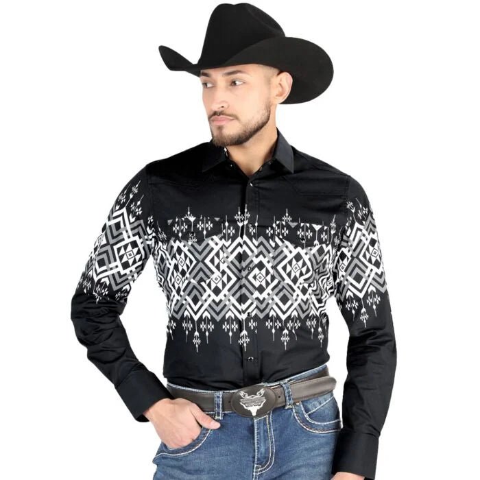 El General - Black Geometric Western Shirt for Men 44451 - OriginalWestern.com
