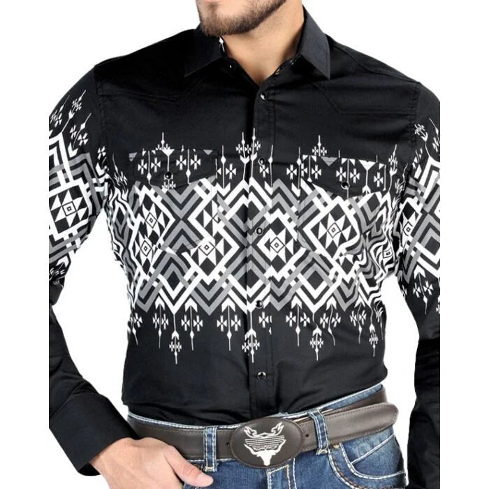 El General - Black Geometric Western Shirt for Men 44451 - OriginalWestern.com