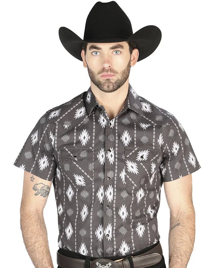 El General - Black Short-Sleeve Western Shirt with Ikat-Inspired Design 44462 - OriginalWestern.com