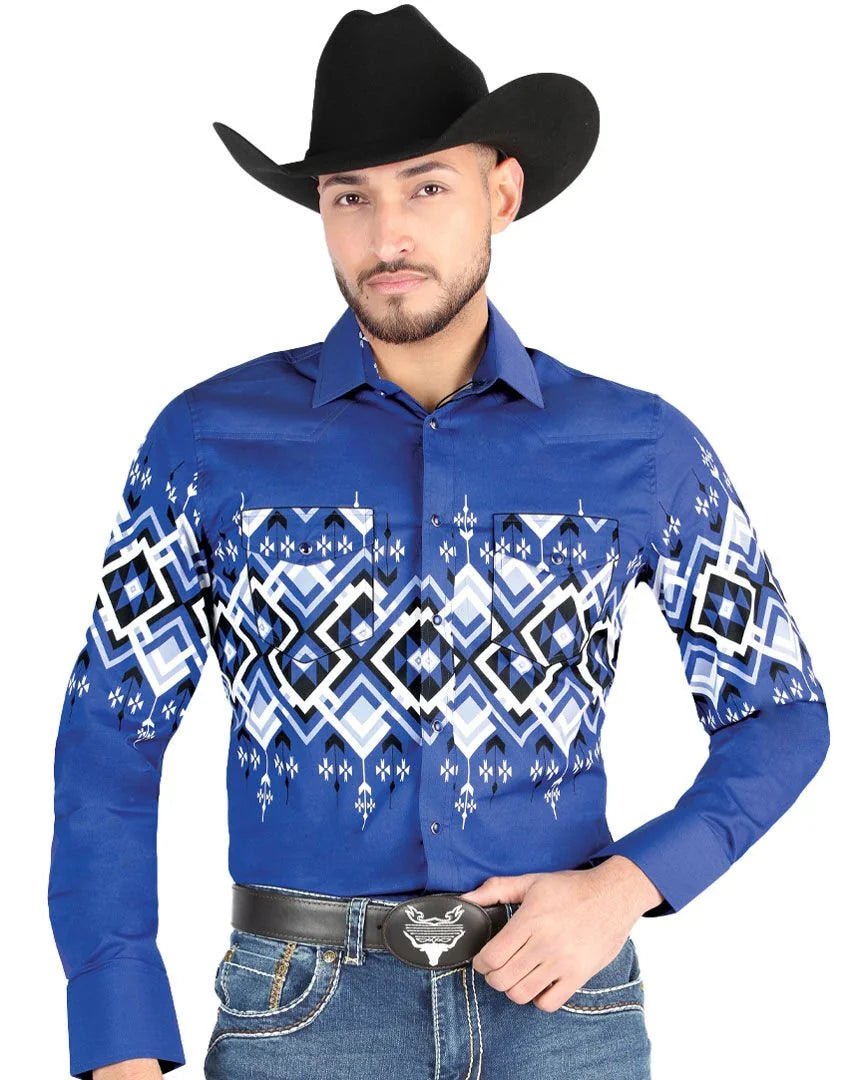 El General - Blue Geometric Western Shirt for Men 44449 - OriginalWestern.com