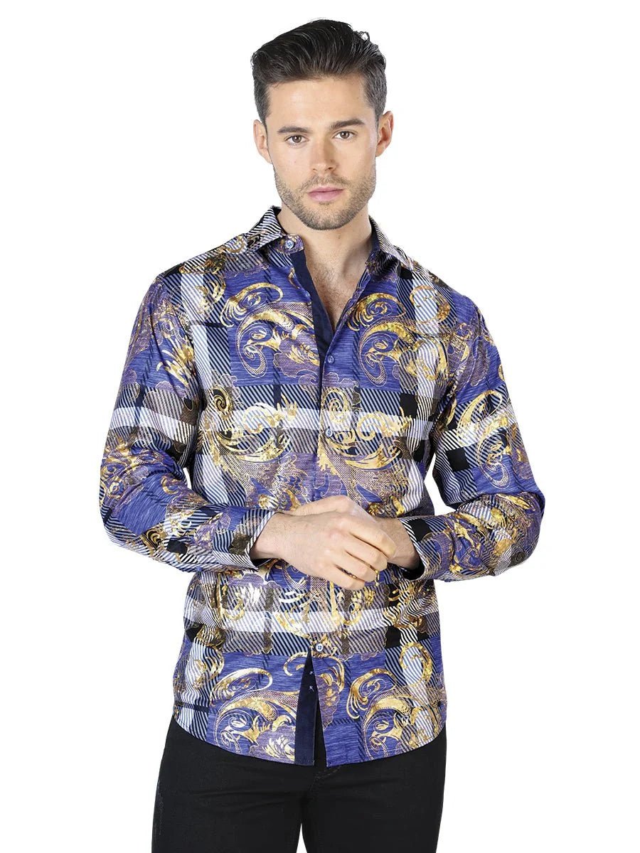 El General- Blue Gold Print Casual Long Sleeve Shirt 44023 - OriginalWestern.com