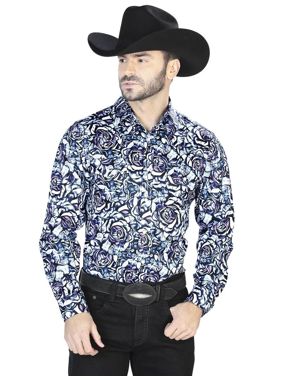 El General - Blue Rose Print Casual Long Sleeve Shirt 44069 - OriginalWestern.com