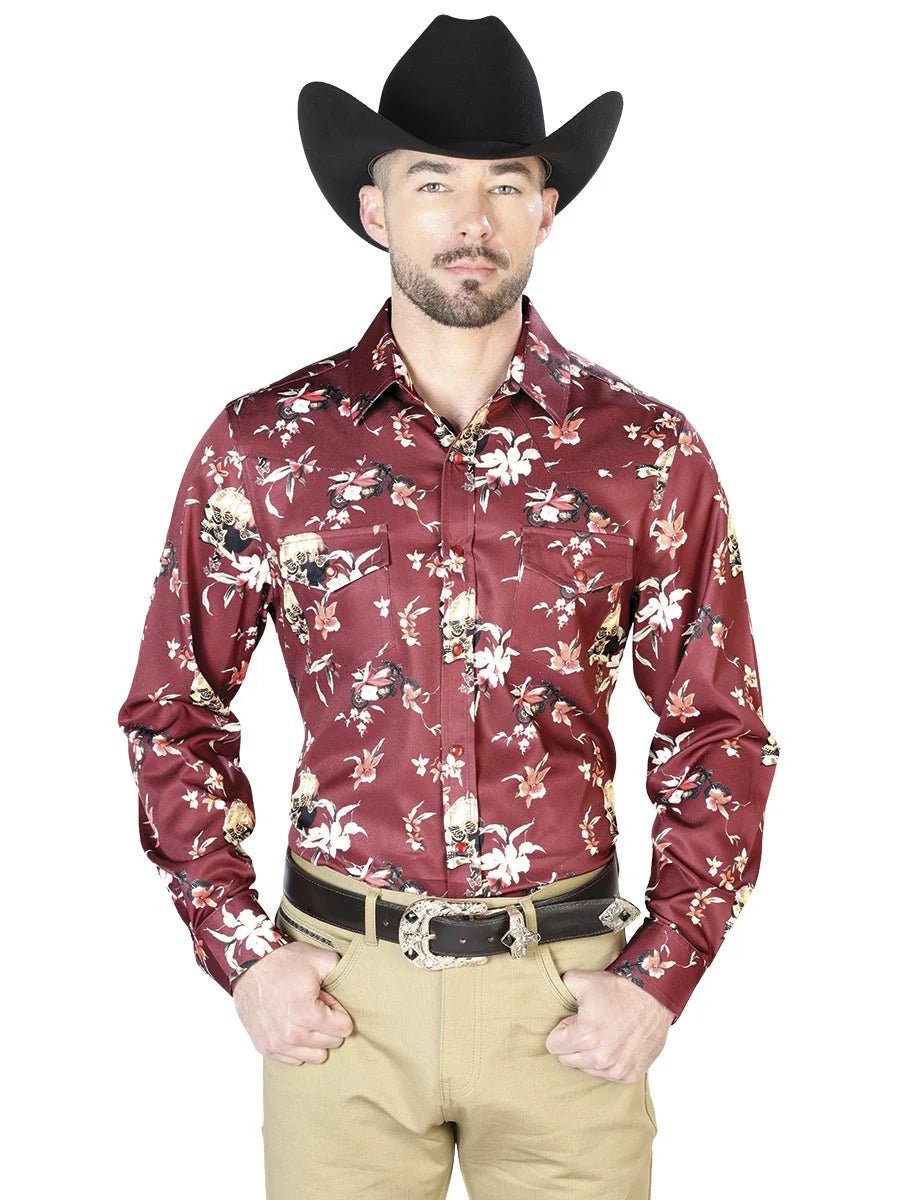 El General - Burgandy Flowers Casual Long Sleeve Shirts 43951 - OriginalWestern.com