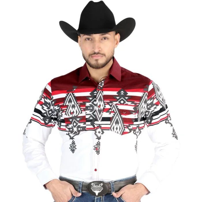 El General - Burgundy and White Tribal Western Shirt for Men 44497 - OriginalWestern.com
