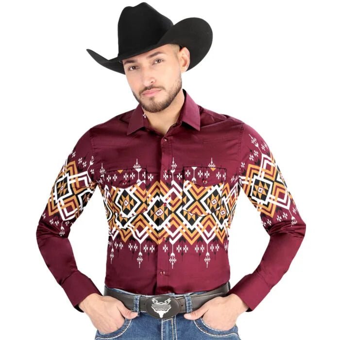El General - Burgundy Geometric Western Shirt for Men 44450 - OriginalWestern.com