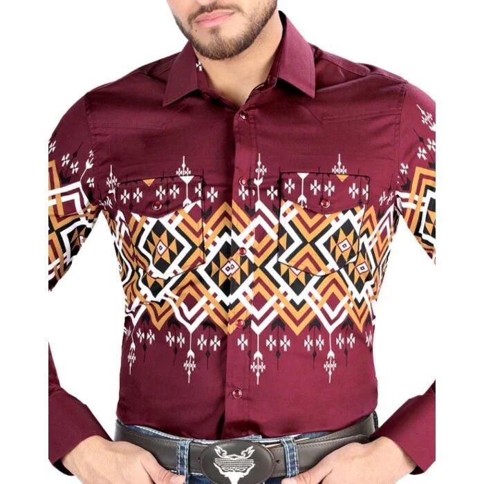 El General - Burgundy Geometric Western Shirt for Men 44450 - OriginalWestern.com