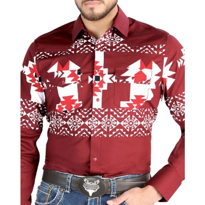 El General - Burgundy Geometric Western Shirt for Men 44484 - OriginalWestern.com