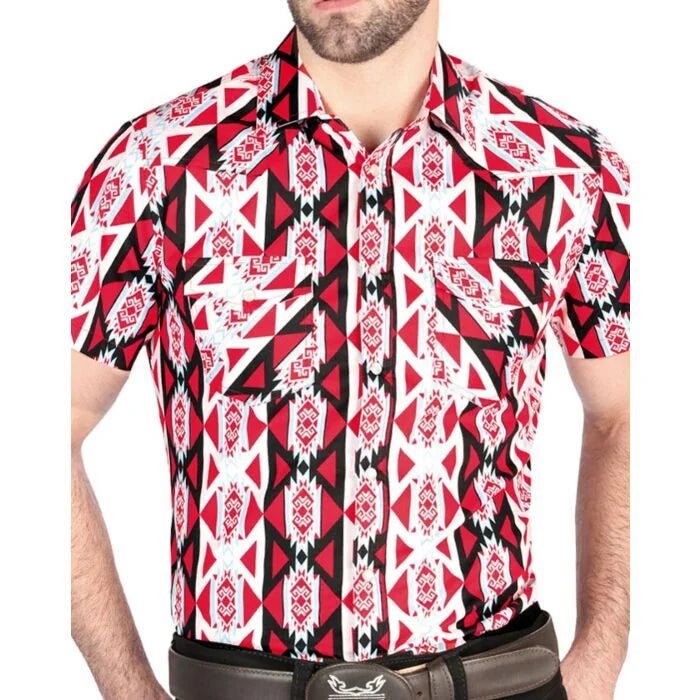 El General - Burgundy Short-Sleeve Western Shirt with Bold Geometric Design 44458 - OriginalWestern.com
