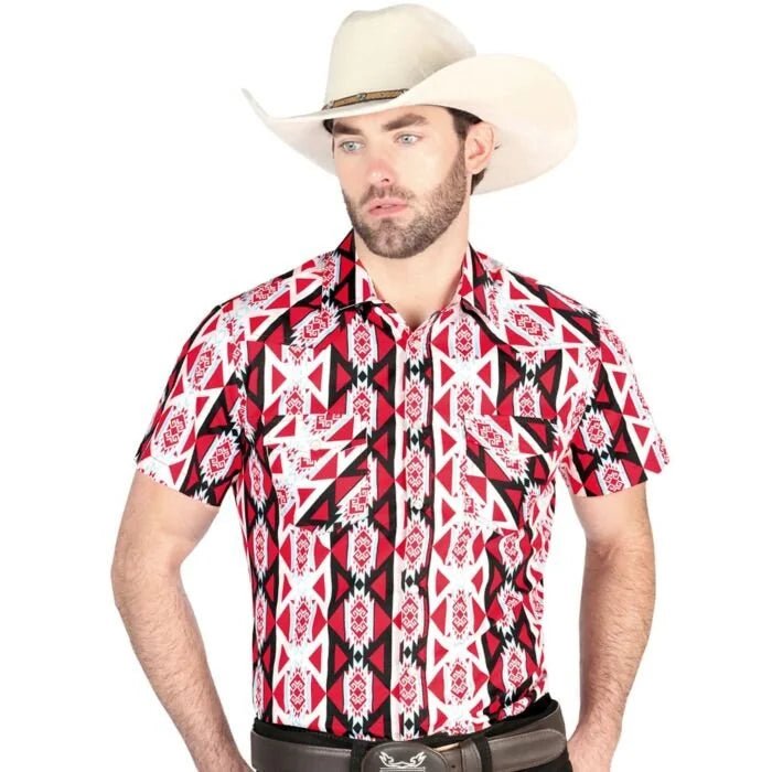 El General - Burgundy Short-Sleeve Western Shirt with Bold Geometric Design 44458 - OriginalWestern.com