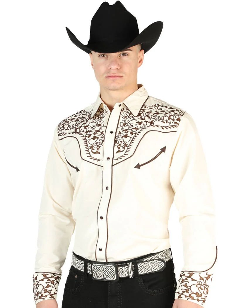 El General - Camisa Beige Vaquera Bordada El Señor DL Cielos 44196 - OriginalWestern.com