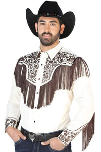 El General - Camisa Vaquera Beige Barbas Y Bordado Café 126710 - OriginalWestern.com
