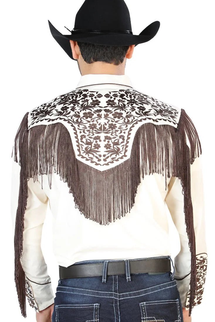 El General - Camisa Vaquera Beige Barbas Y Bordado Café 126710 - OriginalWestern.com