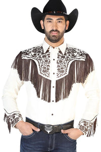 El General - Camisa Vaquera Beige Barbas Y Bordado Café 126710 - OriginalWestern.com