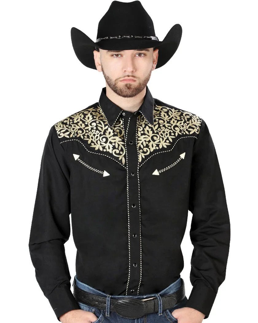 El General - Camisa Vaquera Negra Bordada El Señor DL Cielos 44192 - OriginalWestern.com