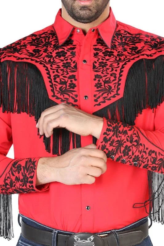 El General - Camisa Vaquera Roja Barbas Y Bordado Negro 126709 - OriginalWestern.com