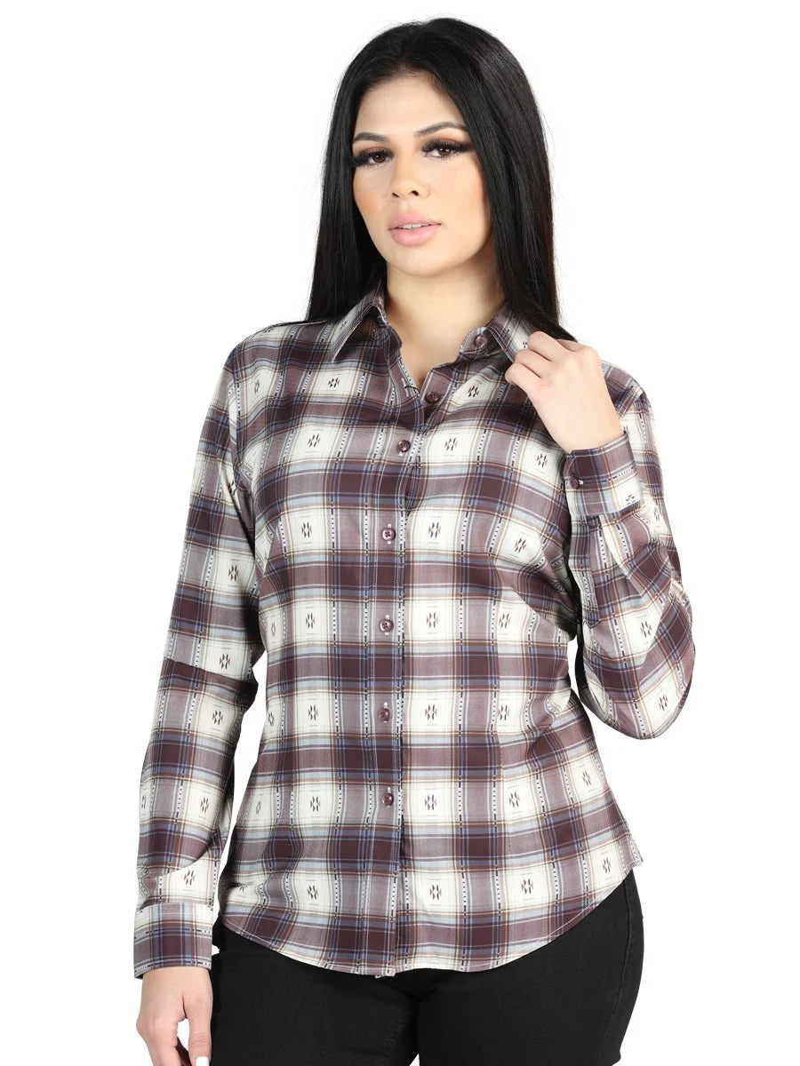 El General Womens  - Casual Long-Sleeve Shirt - Beige/Burgandy 44730