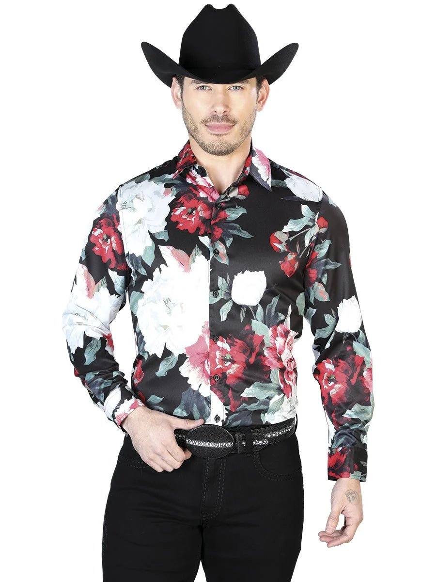 El General - Casual Long Sleeve Shirt - Black And White Flowers 43670 - OriginalWestern.com