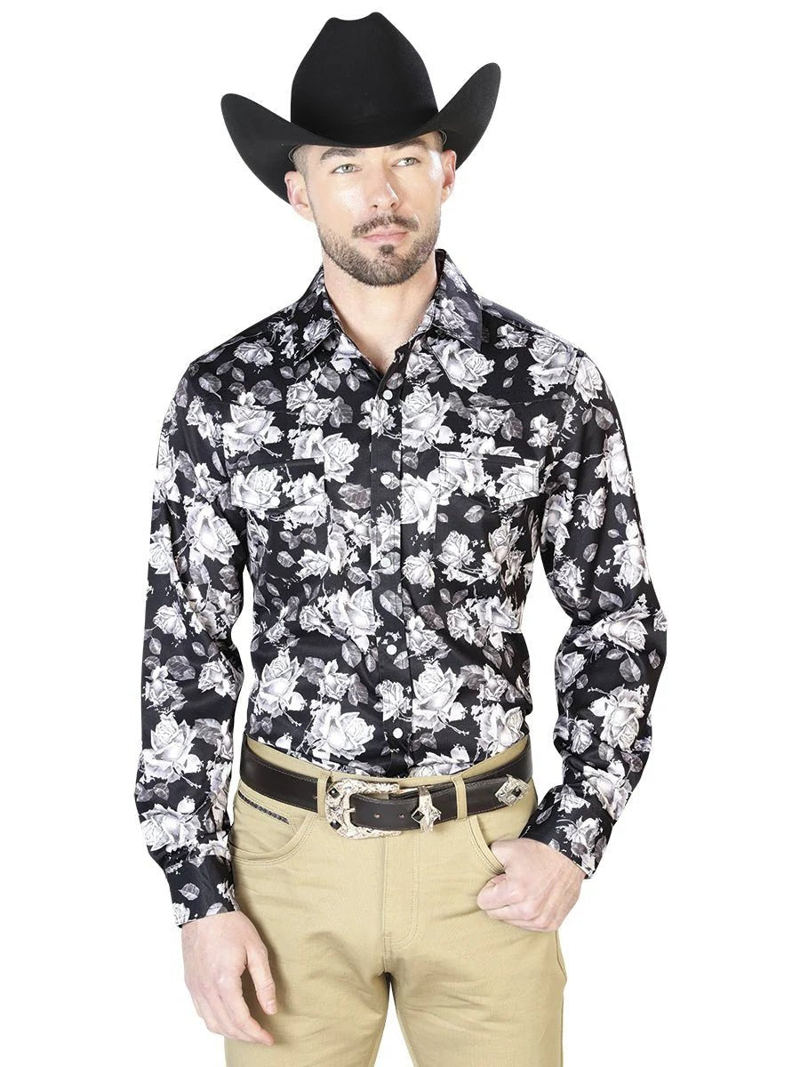 El General - Casual Long Sleeve Shirt- Black Flower Print 43960 - OriginalWestern.com